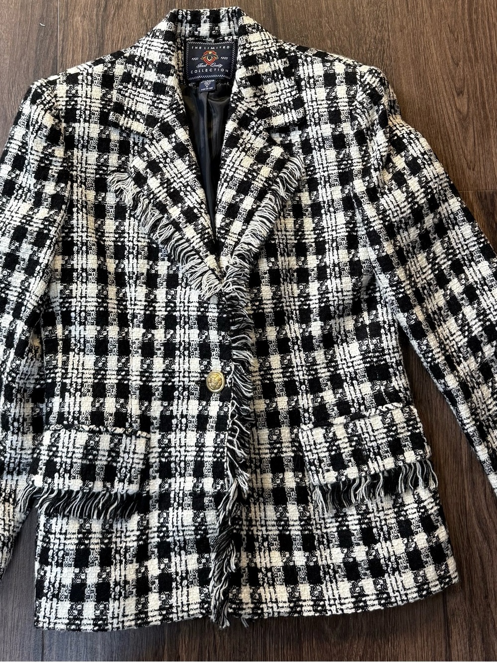 The Limited Black & White Tweed Fringe Blazer Jacket Medium Poly Blend